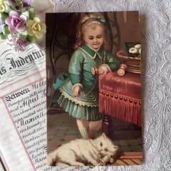 アンティーク1900年代初頭❤︎クロモリトグラフ 猫と遊ぶ少女のサムネイル