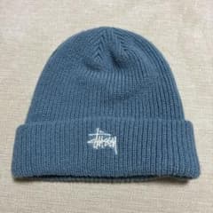 STUSSY ステューシー ワッフルニット帽 ビーニー ブルー ロゴ刺繍のサムネイル