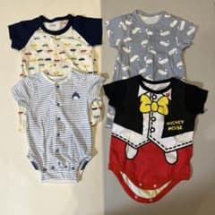 Baby rompers, 4-piece set, featuring Mickey Mouse, car, shark, and whale patterns, size 60-70.