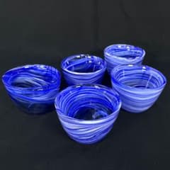 ビンテージ品 ハンドメイド ガラス 青白マーブル模様 グラス 5客セットのサムネイル