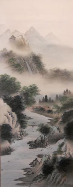 掛け軸 暁香 彩色山水之図 絹本 希少 軸装 茶道具 掛軸 美品 です