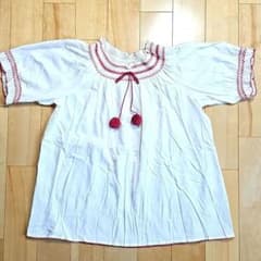 ピンクハウス☆美品 白 半袖ブラウス 赤＆ピンク刺繍 ポンポンリボン付 