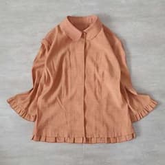 80s 쇼와 레트로 라운드 칼라 프릴 블라우스 7 분 소매 연어 오렌지 클래식