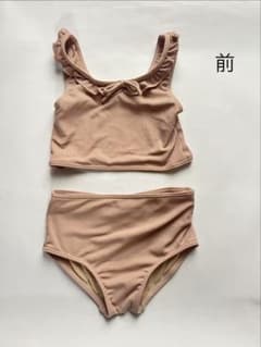 キッズ水着 女の子 100cm セパレート ピンクベージュ リブ フリル リボンのサムネイル