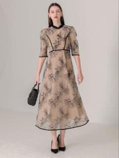 パイピングハイネック花柄ラメレースワンピースドレス結婚式パーティー