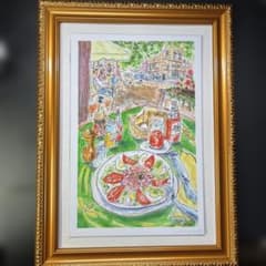 ⭕️✡️特選【原画一点物】イラストアート（額付） 5B03 手描き一点物の水彩画 B5サイズのボードに描いた直筆原画です