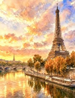 パブレーヌ、パリの風景、高級画集画、版上サイン入 新品額付 A4アートポスター『セーヌ川の夕暮れ』パリ 風景画 高級水彩紙