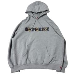 美品 supreme レザーパッチワークロゴスウェットパーカー グレー XL 