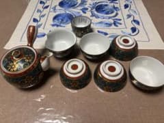 九谷焼 茶器8点セット 急須 湯呑み 青粒金唐草のサムネイル