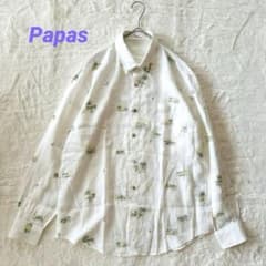 Papas パパス メンズ リネンシャツ 麻100% ヤシの木刺繍 長袖 白