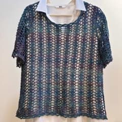 ハンドメイド 手編み 半袖 トップス ブルーグラデーション #一点物のサムネイル