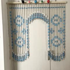 青と透明のビーズのれん 花模様 昭和レトロ すだれ インテリア 85