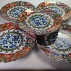 有田焼 林斎窯 金彩祥瑞花丸紋 中皿 19cm 古伊万里様式 窓絵5枚セット
