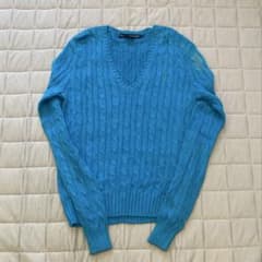 호배 색상 Ralph Lauren 케이블 니트 V 넥 하늘색 포니