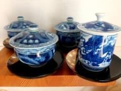【未使用】有田焼 蓋付湯飲茶碗 茶托付 4客セットのサムネイル