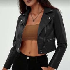 ブラック クロップド レザーライダースジャケット
