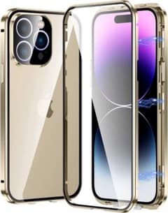 iPhone15pro カメラ保護両面クリアケース ゴールド スマホケース
