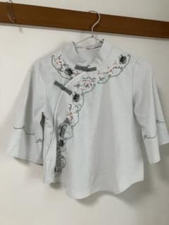 チャイナ風 刺繍ブラウス 五分袖 ペールグリーン ホワイトのサムネイル
