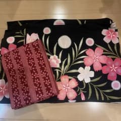 浴衣セット　黒　ピンク　花柄　帯のサムネイル