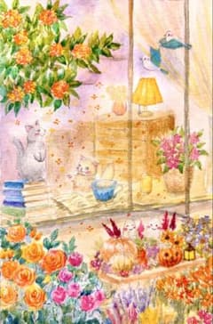 momorin原画 水彩画 百日紅で遊ぶ猫と小鳥 値段は※900円です momorin様手描き水彩もうすぐハロウィンー猫さんと小鳥さんー ※900円