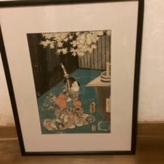 豊国木版画　【徳濱田屋版　桜花美人之図】新額装仕立　（日本美術振興協会認定書） 豊国木版画 【徳濱田屋版 桜花美人之図】新額装仕立 （日本美術振興