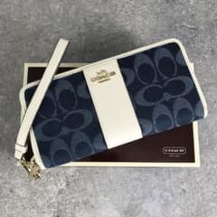 美品 COACH コーチ デニム レザー ラウンドジップ 長財布 ストラップ 