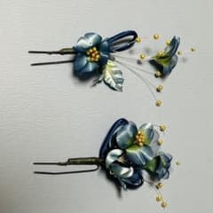 ネイビー 花飾り 髪飾り かんざし 成人式のサムネイル