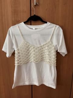 新品　白　パール　キャミセット　ホワイトパール装飾Tシャツのサムネイル