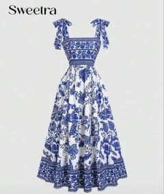 【Sweetra】花柄ロングキャミワンピース ブルーのサムネイル