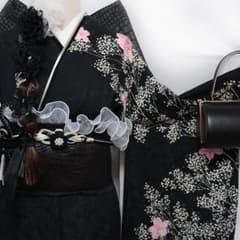 美品】◇ 振袖7点セット ◇フルセット正絹花柄かすみ草ブラック系KF13 