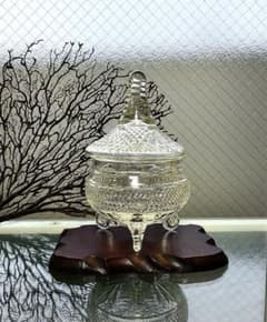 骨董　時代ガラス　ギヤマン　飴色ガラス　精密カット切子　摘み脚付　ボンボニエール 骨董 時代ガラス ギヤマン 飴色ガラス 精密カット切子 摘み脚付