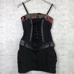 Qutie Frash 古着 和柄切替 編み上げ コルセットキャミタイトワンピ 
