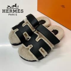 エルメス シプレ レザー ムートン フラットサンダル ブラック 