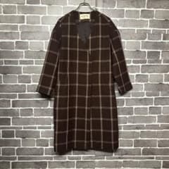 【Ray BEAMS】ビッグシルエットノーカラーチェック柄ウール混ロングコート