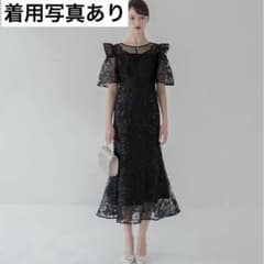 LEJA フラワーレースシアーフリルマーメイドワンピースドレス ブラック