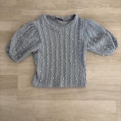 ZARA パール付き ケーブルニット 半袖 グレーのサムネイル