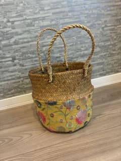 タイ製 かごバッグ 花柄刺繍 バスケットバッグ イエローのサムネイル