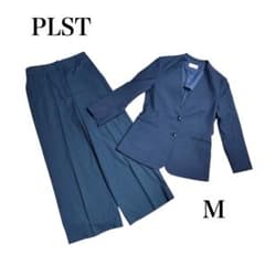 プラステ パンツスーツ セットアップ 2点セット ノーカラー 洗える M／S 紺 美品】PLST プラステ 洗える リネン混 ノーカラー セットアップ 紺 M