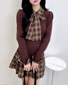 【INGNI】チェック柄ボウタイシャツドッキングニットワンピース - 3