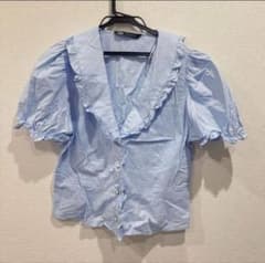 ZARA フリルカラー 半袖ブラウス ライトブルー Lのサムネイル