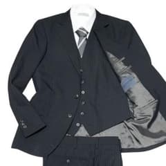 美品 銀座グローバルスタイル 3ピース スーツ ブラック ストライプ オーダー