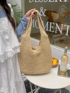 大容量 かごバッグ ベージュ ファスナー付 ストローバッグ トート