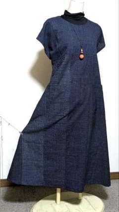 書生絣久留米絣 古布 藍染着物リメイクロングワンピース117 - メルカリ