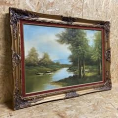大型油彩画 湖畔風景 額装 油絵 カンバス インテリア　額サイズ67cm93cm 大型油彩画 湖畔風景 額装 油絵 カンバス インテリア 額サイズ67cm93cm