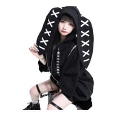 REFLEM うさ耳半袖ジップアップパーカー ブラックのサムネイル