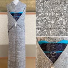 【美品】天目織　お召し　吉祥柄　さが美謹製　着物（袷） 未使用しつけ付き☆天目織 お召し 花や鳥模様 着物（袷）ラスト