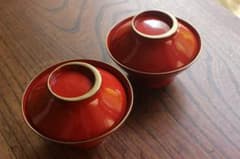 デッドストック！時代金縁朱漆に風情ある三日月型ツマミのお椀2点（検