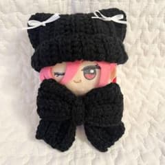 ちびぐるみ ニット帽 リボン オーダーページ 編み物 ぬい服 ぬい活 ちびぐるみ ぬい服 猫耳ニット帽 リボンセット ブラック 黒 編み物