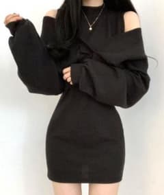 ZOZOTOWN riff ブラック黒のオフショルダー ニットワンピースのサムネイル
