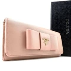美品✨PRADA 長財布 リボン 折り財布 メタルロゴ サフィアーノ ピンク
